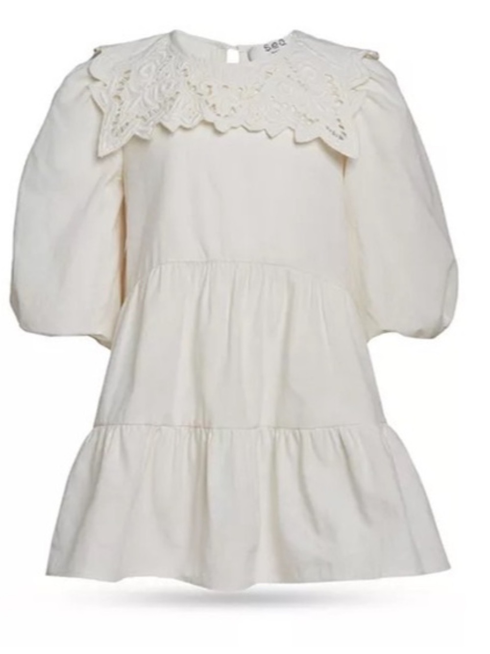 Sea Anita Puff Sleeve Dress Girls 10Yrs Cream Linen Round Neck Lace Back Button